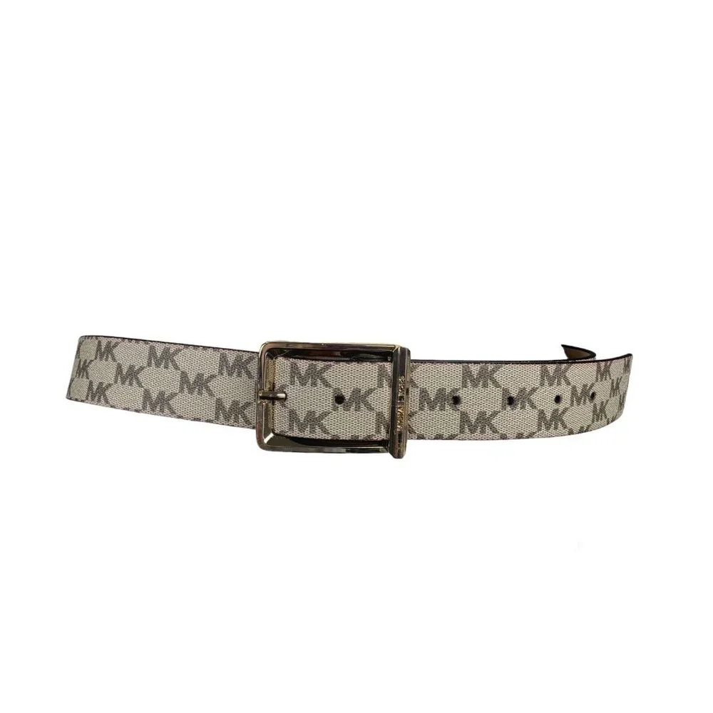 Michael Kors Signature Belt Medium Ivory Brown Logo Gold Buckle New with‎ tags